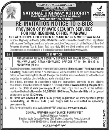 National Highway Authority Mianwali Tender Notice